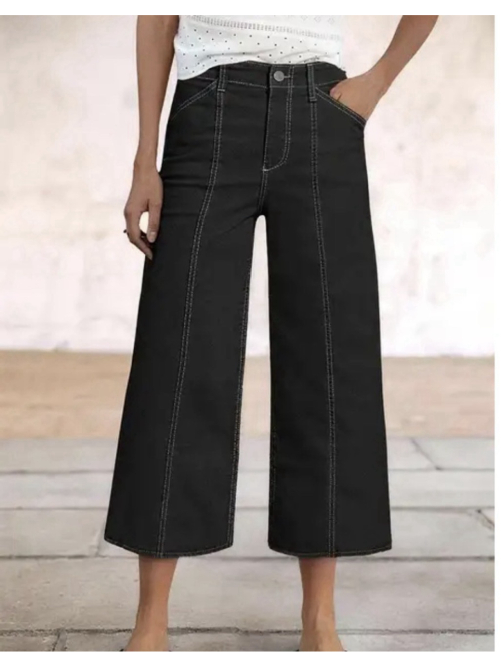 Flamingals Contrast Stitch Mid Rise Wide Leg Crop Pants M